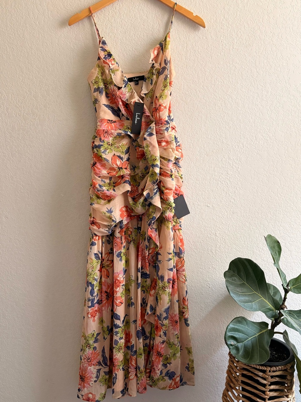 NWT Lulus Stunning Soiree Blush Pink Floral Print Ruched Midi Dress S